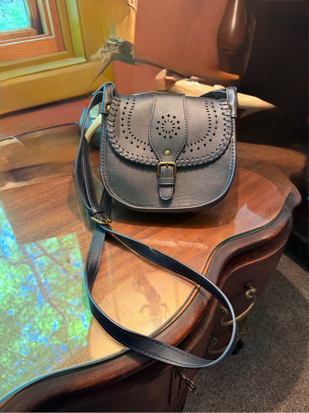 Forever 21 Black Laser-Cut Leather Crossbody Saddle Bag